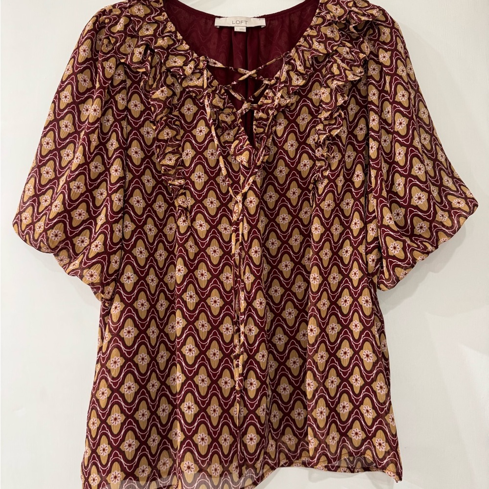 LOFT Women's Maroon and Gold Geometric Blouse